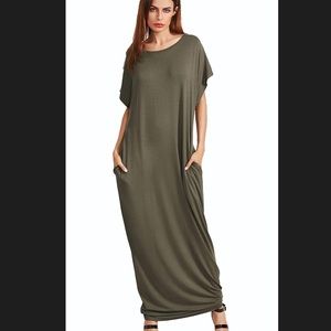 Maxi dress with pockets in olive green.